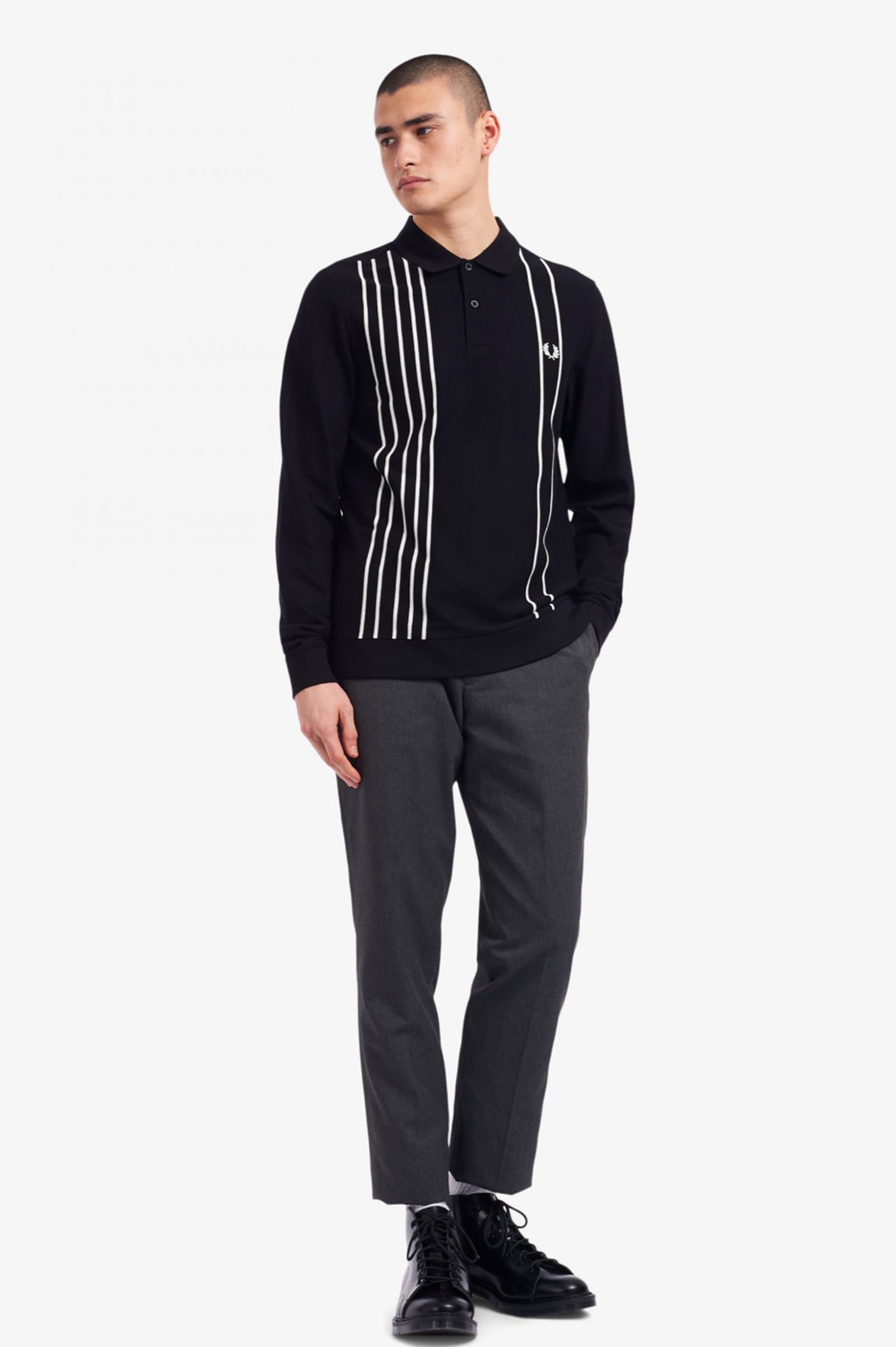 BLACK REFINED PIQUE STRIPED POLO SHIRT