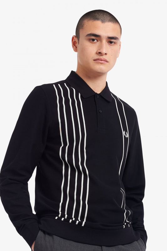 BLACK REFINED PIQUE STRIPED POLO SHIRT